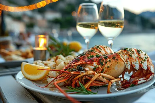 West Coast crayfish on a white plate with lemon, two glasses of white wine and the sea behind