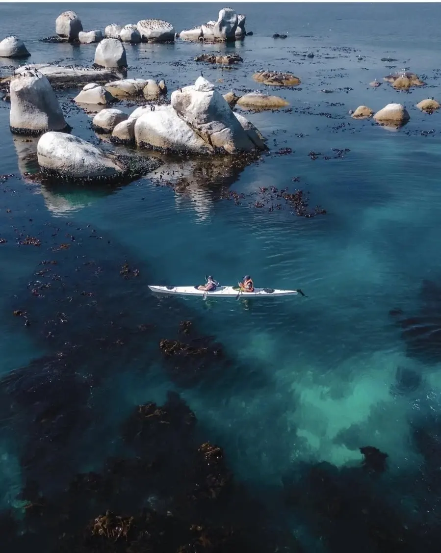 Two paddlers in a white sea kayak over clear turquoise water and kelp, granite boulders in the bay behind