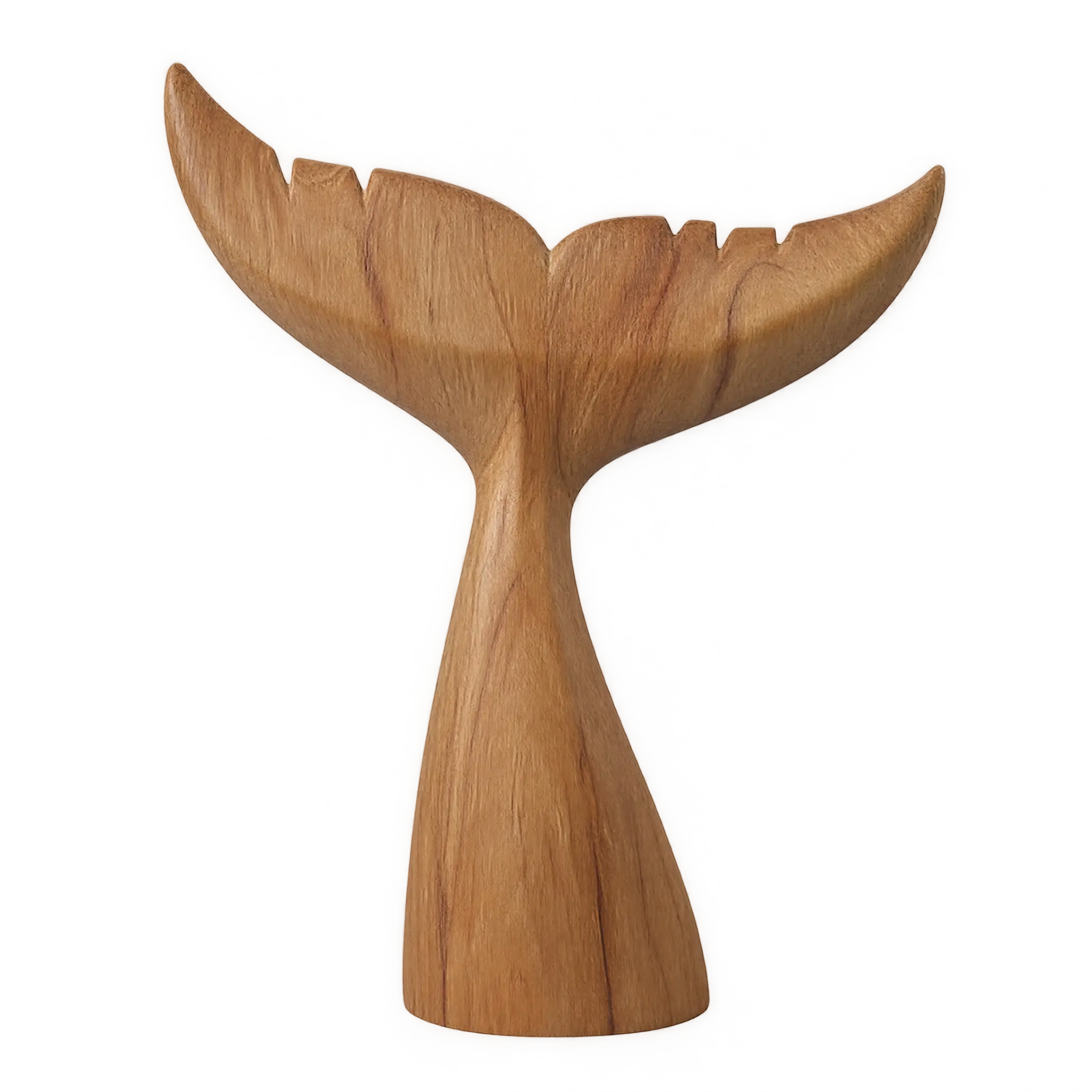 A carved wooden whale tail in natural honey-coloured wood
